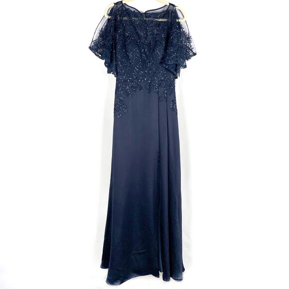 Teri Jon Emma Gown Navy Blue Sequin Lace Flutter Sleeves Side Slit Sz 2 - Picture 3 of 11
